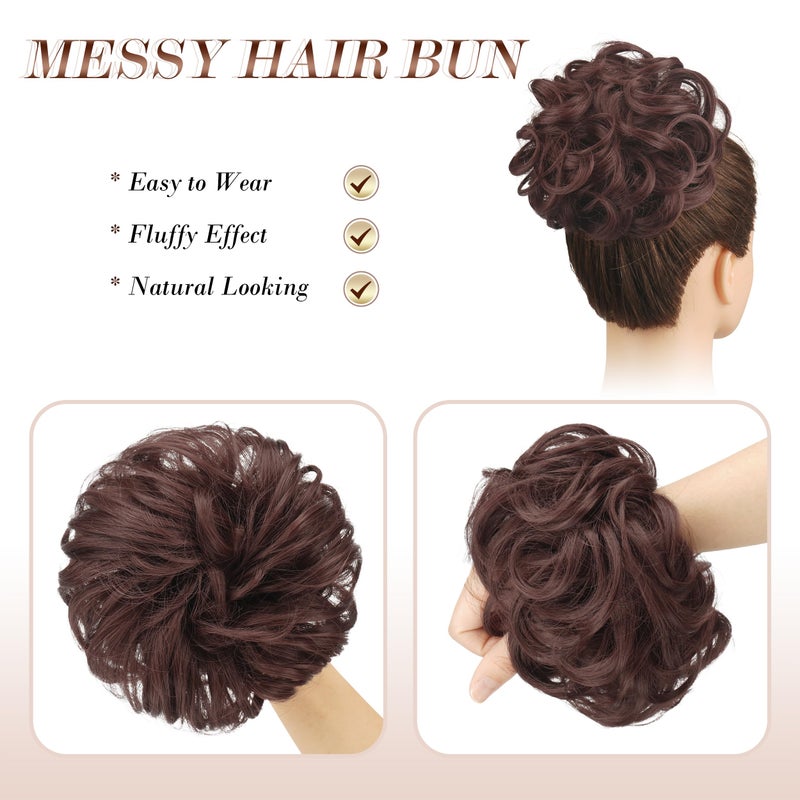 FESHFEN Messy Bun Hair Piece - Elastic Wavy Curly Hair Bun Scrunchies Extensions Synthetic Chignon Hairpieces for Women Girls, Dark Auburn 1.5 oz - Image 3
